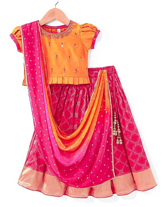 Babyhug  Short Sleeves Embroidered Choli with Brocade Lehenga & Dupatta Set - Pink & Orange