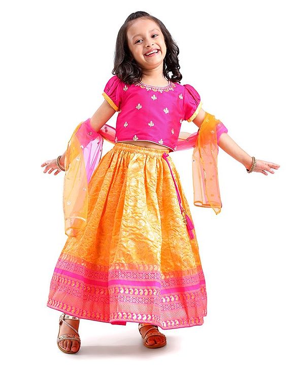 Babyhug Short Sleeves Banarsi Embroidered Choli with Brocade Lehenga & Dupatta - Mustard