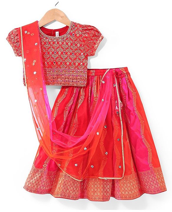 Babyhug  Short Sleeves Embroidered Choli with Brocade Lehenga and Dupatta Set - Multicolor