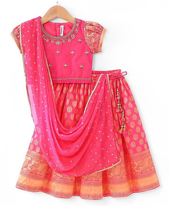 Babyhug  Short Sleeves Floral Embroidered Choli with Brocade Lehenga and Dupatta Se- Fuschia