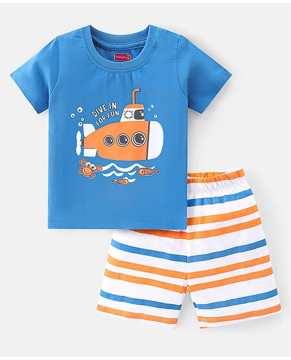 Babyhug Cotton Knit Single Jersey Half Sleeves Night Suit With Submarine Print - Blue & White