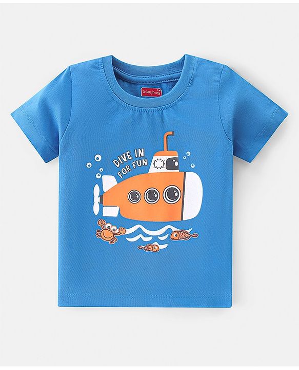 Babyhug Cotton Knit Single Jersey Half Sleeves Night Suit With Submarine Print - Blue & White