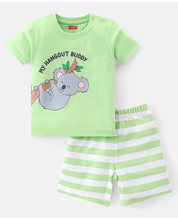Babyhug Cotton Knit Single Jersey Half Sleeves Night Suit With Koala Print - Green