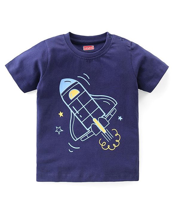 Babyhug Cotton Knit Half Sleeves Night Suit Space  Print - Navy Blue