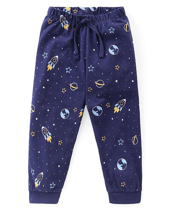 Babyhug Cotton Knit Half Sleeves Night Suit Space  Print - Navy Blue