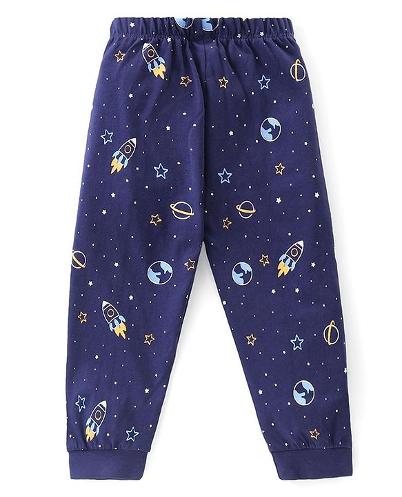 Babyhug Cotton Knit Half Sleeves Night Suit Space  Print - Navy Blue