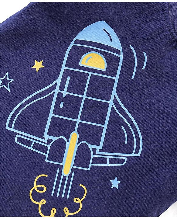 Babyhug Cotton Knit Half Sleeves Night Suit Space  Print - Navy Blue