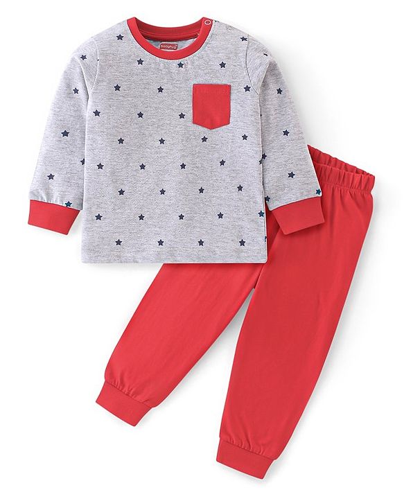 Babyhug Cotton Knit Full Sleeves Night Suit Star Print - Red
