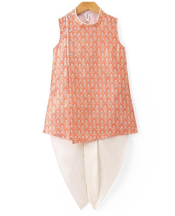 Babyhug Woven Full Sleeveless Kurta & Dhoti Set with Floral Digital Print - Orange