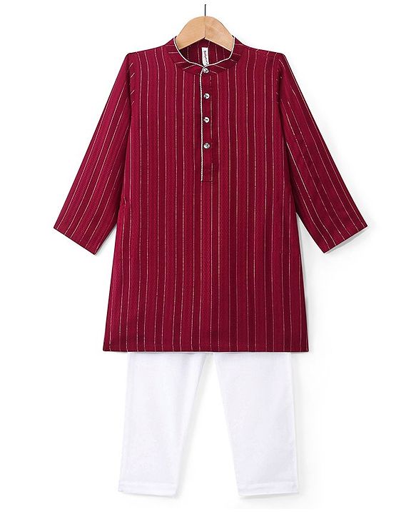 Babyhug Lurex Woven Full Sleeves Striped Kurta & Pyjama Set - Red