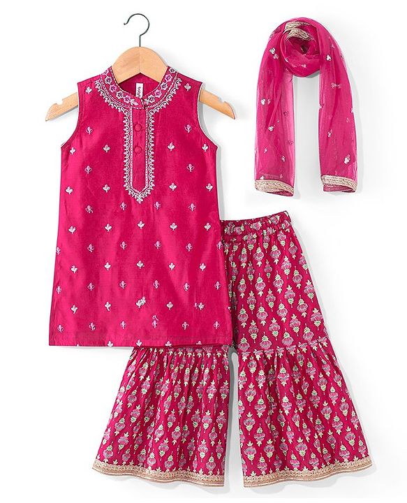 Babyhug Woven Sleeveless Floral Embroidered Kurti with Foil Printed Palazzo & Sequenced Dupatta -Fuschia