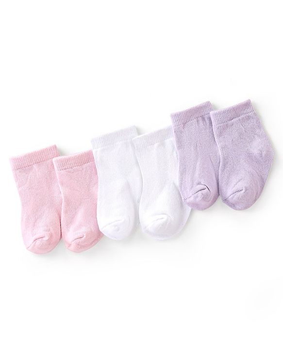 Cute Walk by Babyhug Anti Bacterial Cotton Ankle Length  Socks Pack of 3 Solid Colour -White Pink & Purple