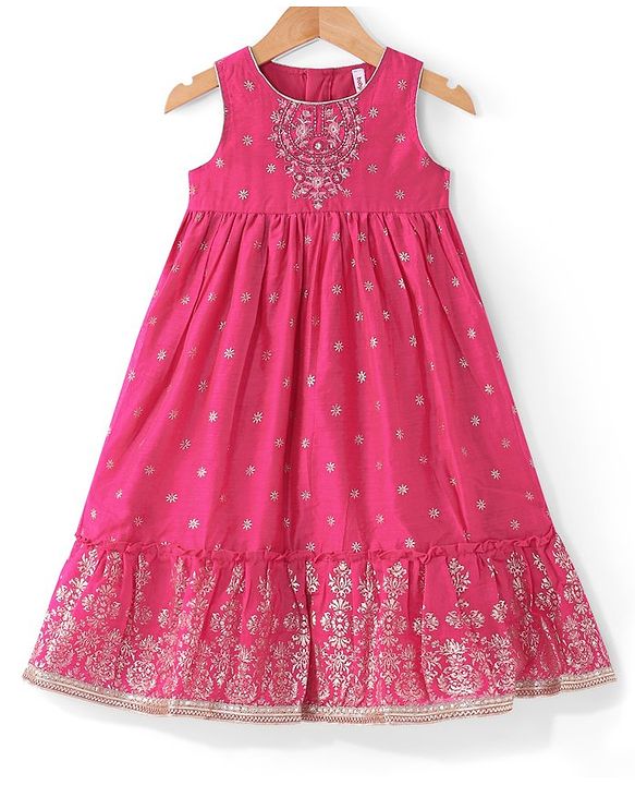 Babyhug Woven Sleeveless Ethnic Dress with Foil Print & Floral Embroidered - Fuschia