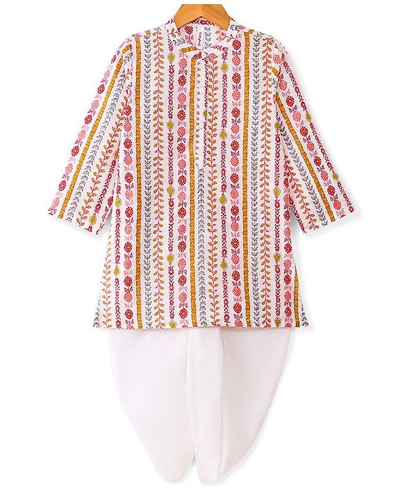 Babyhug 100% Cotton Woven Full Sleeves Floral Printed Kurta Dhoti Set- Off White