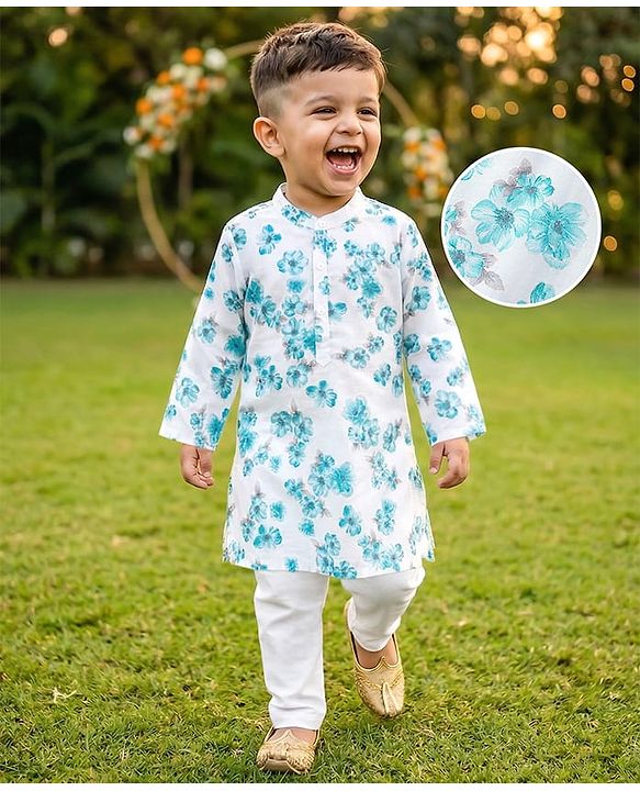 Babyhug 100%  Cotton Woven Full Sleeves Floral Printed Kurta Pyjama Set- Blue