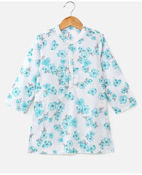 Babyhug 100%  Cotton Woven Full Sleeves Floral Printed Kurta Pyjama Set- Blue