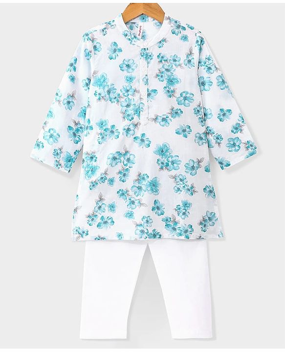 Babyhug 100%  Cotton Woven Full Sleeves Floral Printed Kurta Pyjama Set- Blue