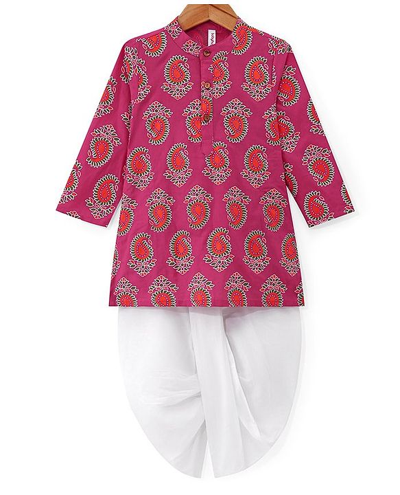 Babyhug 100% Cotton Woven Full Sleeves Kurta & Dhoti Set With Floral Print - Pink