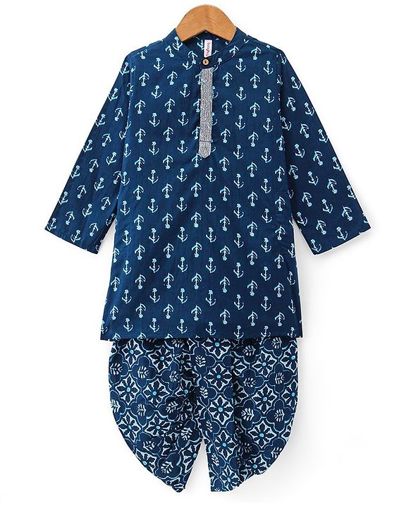 Babyhug  Cotton Woven Full Sleeves Printed  Kurta & Dhoti Set - Blue