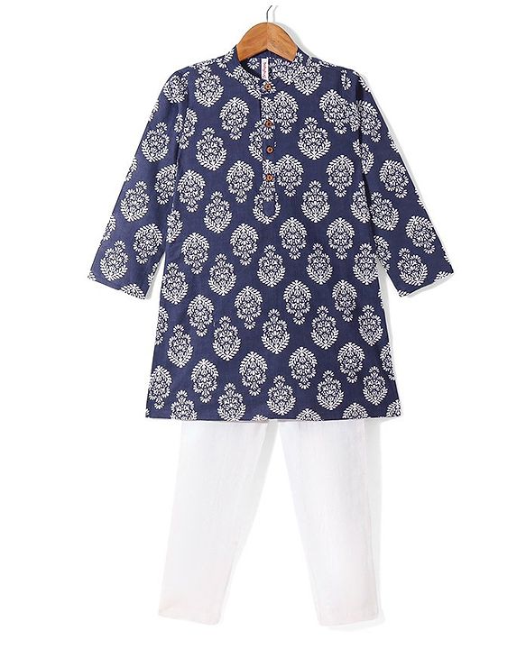 Babyhug 100% Cotton Woven Full Sleeves Floral Printed Kurta Pajama Set - Navy Blue