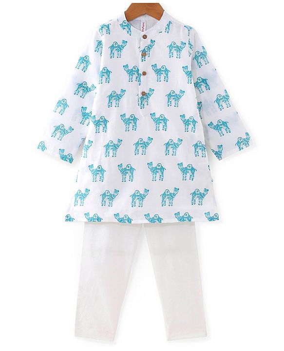 Babyhug Cotton Full Sleeves Kurta Pyjama Set Camel Print - White