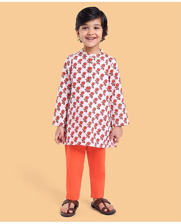 Babyhug Cotton Woven Full Sleeves Kurta Pyjama Set Floral Print - White