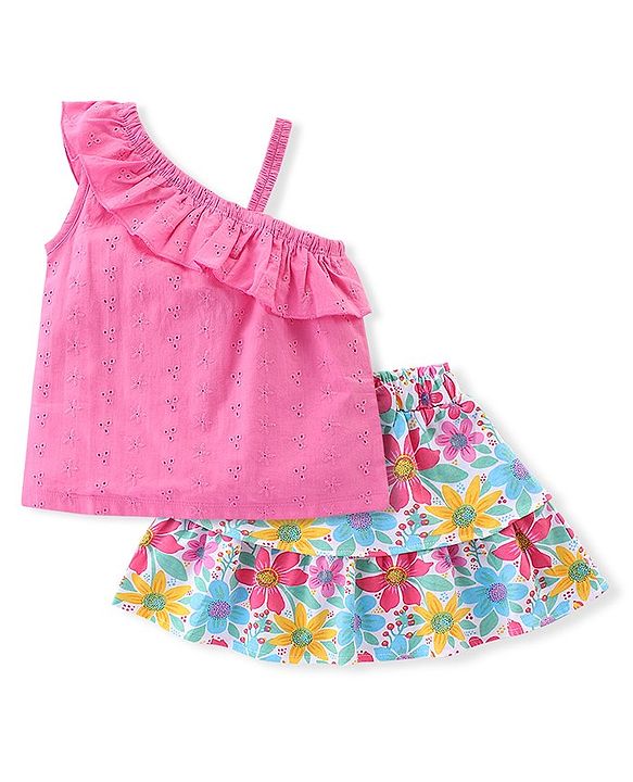 Babyhug 100% Cotton Knit Schiffili Sleeves Top & Skirt With Floral Print - Pink & Blue