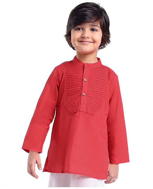 Babyhug Cotton  Woven Full Sleeves Front Pleated Solid Colour Kurta - Red