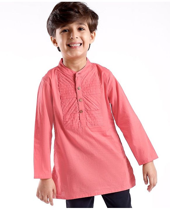 Babyhug Cotton Full Sleeves Front Pleated Kurta - Coral
