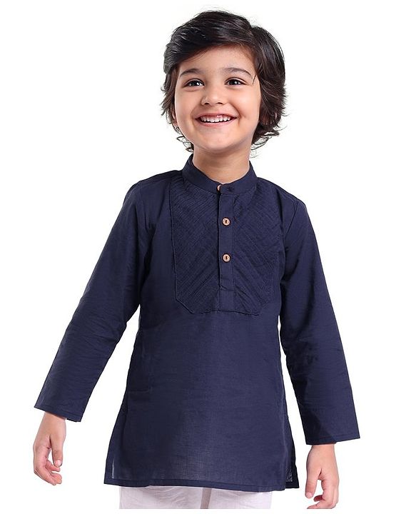 Babyhug Cotton Woven Full Sleeves Front Pleated Kurta - Navy Blue