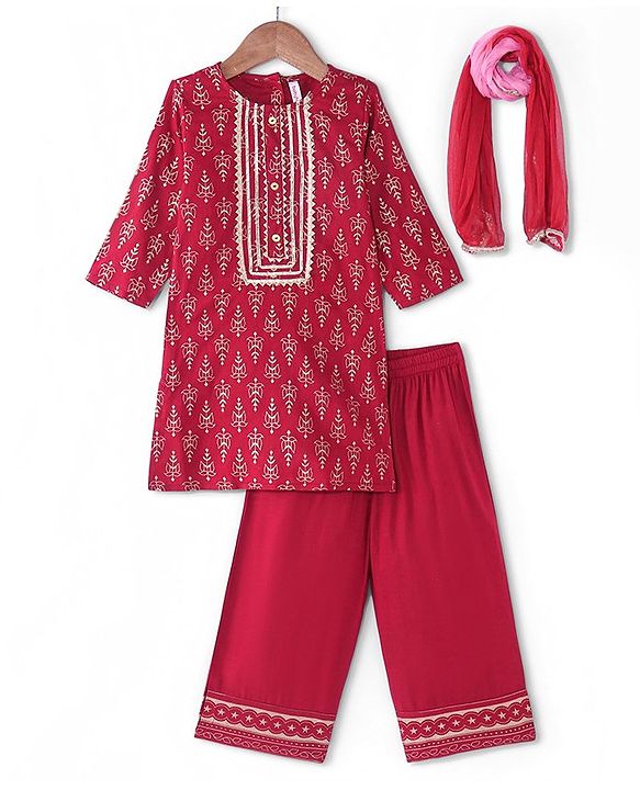 Babyhug Cotton Woven Three Fourth Sleeves Foil Printed Kurti Palazo  Set with Dupatta - Maroon