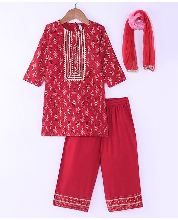 Babyhug Cotton Woven Three Fourth Sleeves Foil Printed Kurti Palazo  Set with Dupatta - Maroon