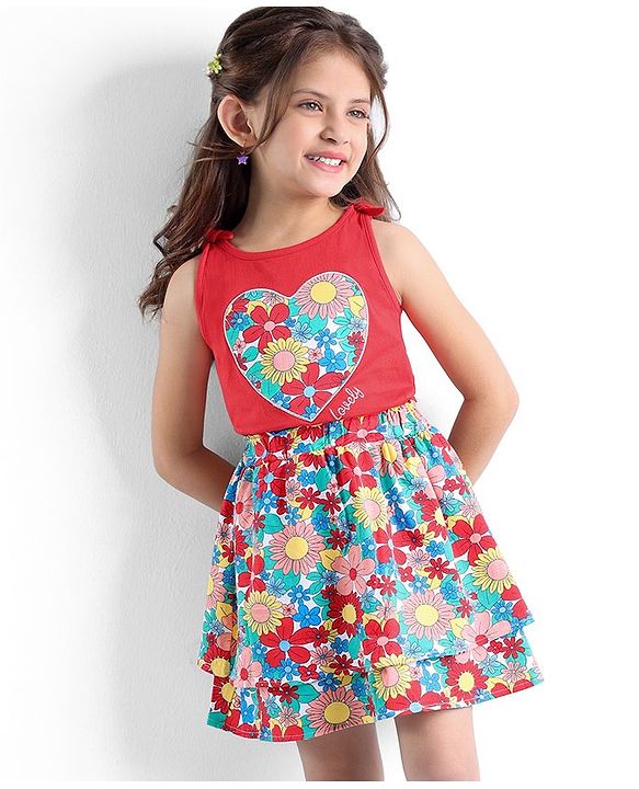 Babyhug 100% Cotton Knit Sleeveless Top & Skirt Set with Knot Detailing & Floral Print - Red