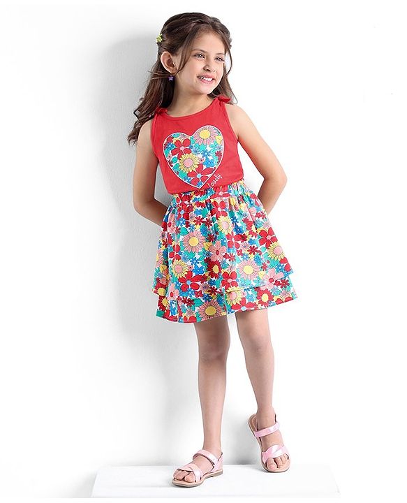 Babyhug 100% Cotton Knit Sleeveless Top & Skirt Set with Knot Detailing & Floral Print - Red