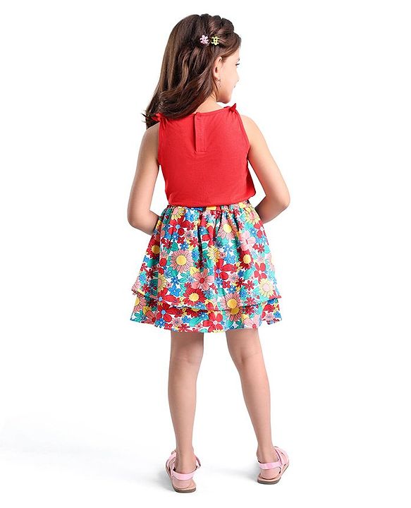 Babyhug 100% Cotton Knit Sleeveless Top & Skirt Set with Knot Detailing & Floral Print - Red