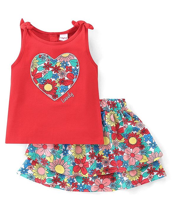 Babyhug 100% Cotton Knit Sleeveless Top & Skirt Set with Knot Detailing & Floral Print - Red