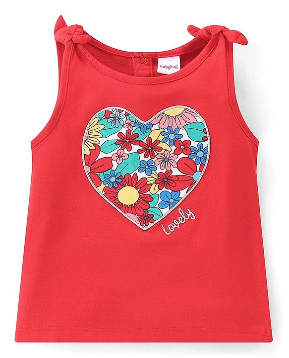 Babyhug 100% Cotton Knit Sleeveless Top & Skirt Set with Knot Detailing & Floral Print - Red