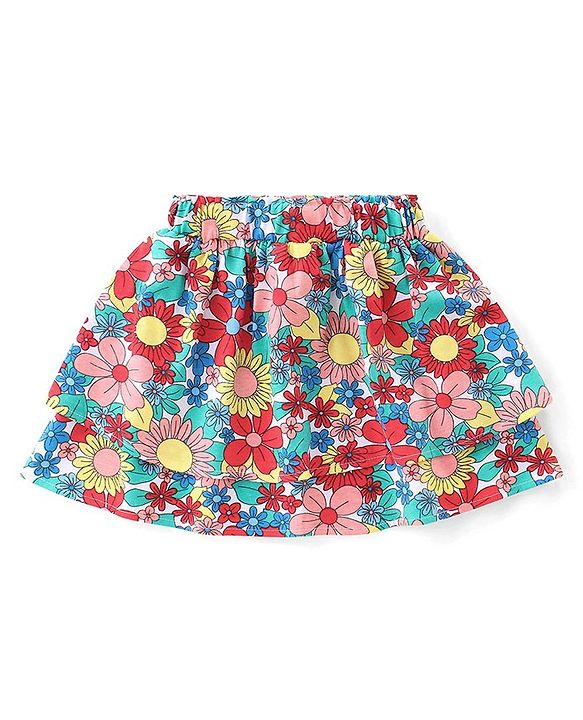 Babyhug 100% Cotton Knit Sleeveless Top & Skirt Set with Knot Detailing & Floral Print - Red