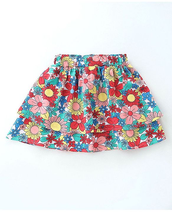 Babyhug 100% Cotton Knit Sleeveless Top & Skirt Set with Knot Detailing & Floral Print - Red