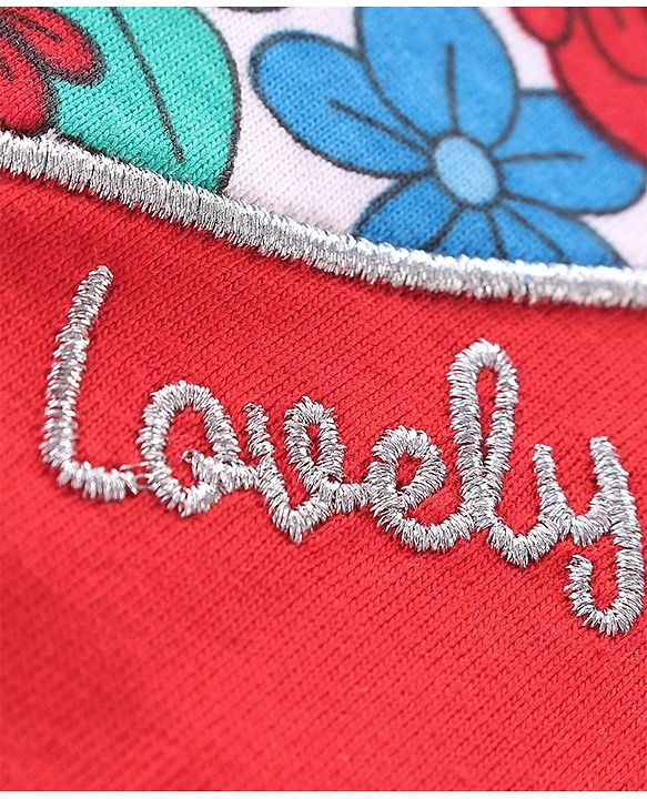 Babyhug 100% Cotton Knit Sleeveless Top & Skirt Set with Knot Detailing & Floral Print - Red
