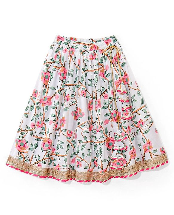 Babyhug 100% Cotton Woven Half Sleeves Choli Lehenga With Dupatta Floral Print - White & Pink