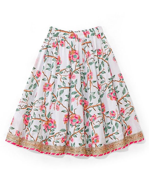 Babyhug 100% Cotton Woven Half Sleeves Choli Lehenga With Dupatta Floral Print - White & Pink
