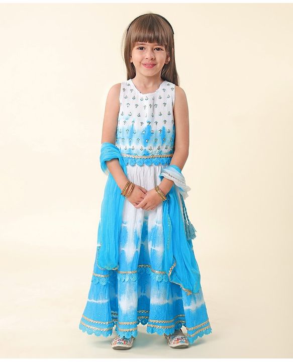 Babyhug Cotton Woven Sleeveless Embroidered Choli with Crinckled Tie & Dyed Lehenga & Dupatta Set - Blue