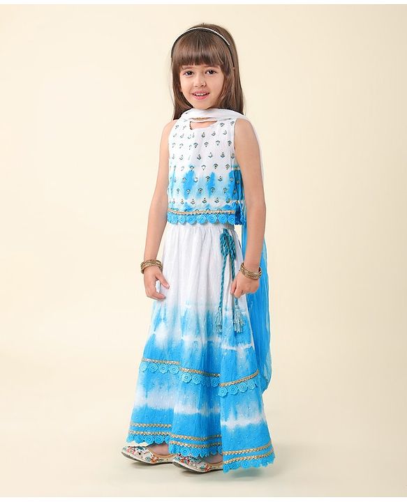 Babyhug Cotton Woven Sleeveless Embroidered Choli with Crinckled Tie & Dyed Lehenga & Dupatta Set - Blue