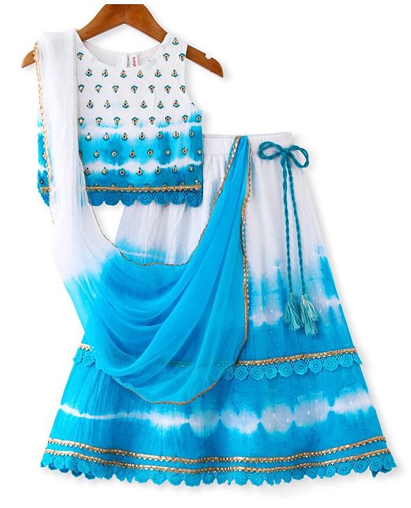 Babyhug Cotton Woven Sleeveless Embroidered Choli with Crinckled Tie & Dyed Lehenga & Dupatta Set - Blue