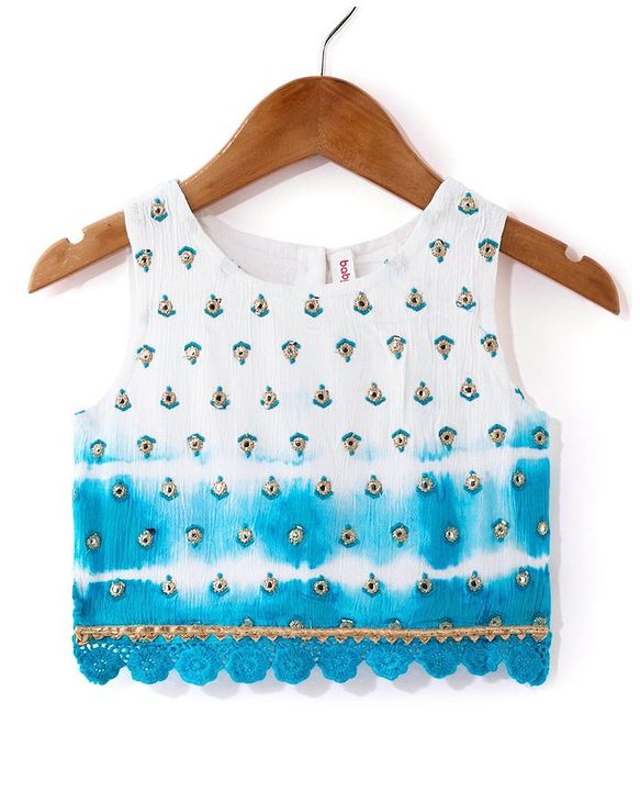 Babyhug Cotton Woven Sleeveless Embroidered Choli with Crinckled Tie & Dyed Lehenga & Dupatta Set - Blue