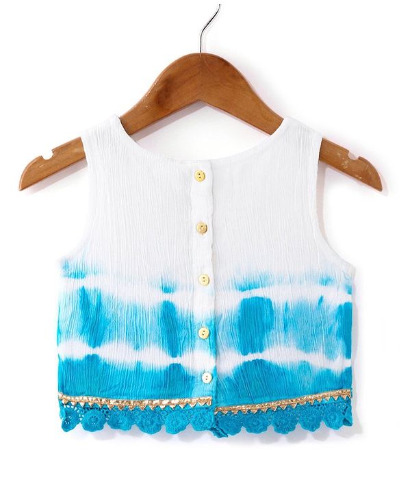 Babyhug Cotton Woven Sleeveless Embroidered Choli with Crinckled Tie & Dyed Lehenga & Dupatta Set - Blue