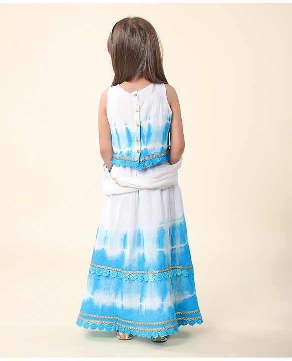 Babyhug Cotton Woven Sleeveless Embroidered Choli with Crinckled Tie & Dyed Lehenga & Dupatta Set - Blue