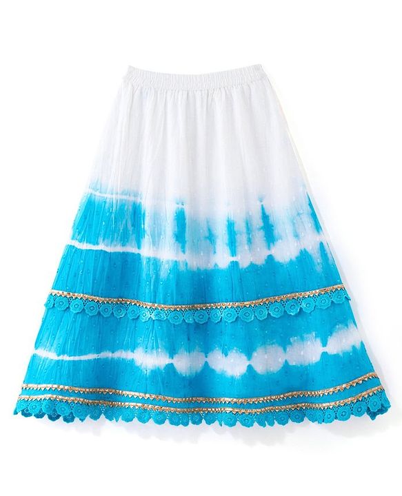 Babyhug Cotton Woven Sleeveless Embroidered Choli with Crinckled Tie & Dyed Lehenga & Dupatta Set - Blue