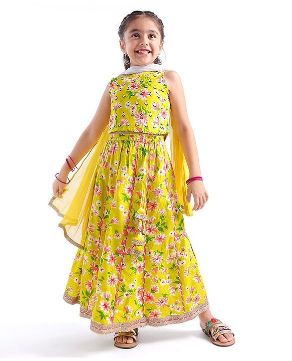 Babyhug 100% Cotton Woven Sleeveless Choli Lehenga With Dupatta Floral Print - Light Green